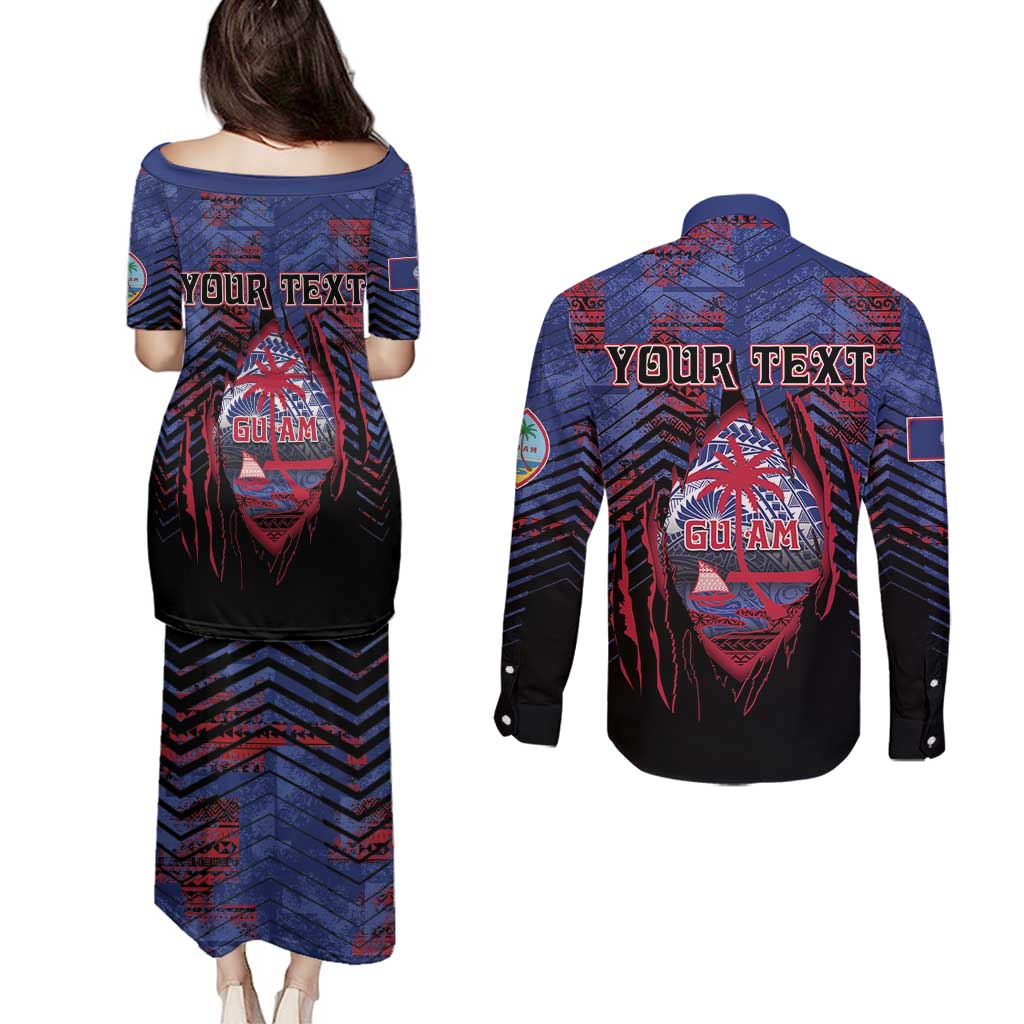 Personalised Guam Couples Matching Puletasi and Long Sleeve Button Shirt Chamorro Seal Tribal Scratch Design - Polynesian Pride