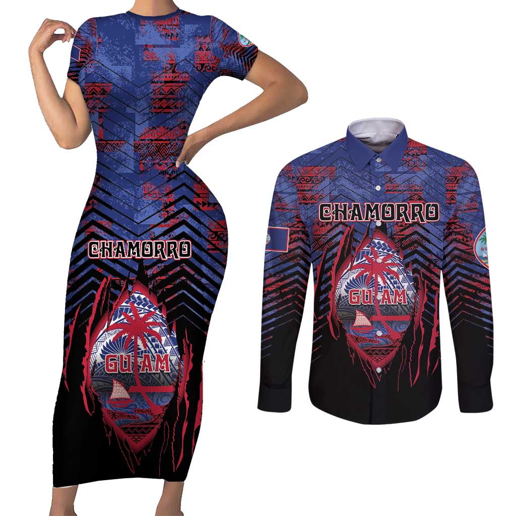 Personalised Guam Couples Matching Short Sleeve Bodycon Dress and Long Sleeve Button Shirt Chamorro Seal Tribal Scratch Design DT05 Navy - Polynesian Pride