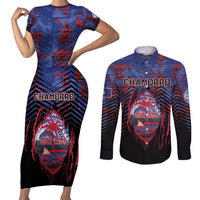 Personalised Guam Couples Matching Short Sleeve Bodycon Dress and Long Sleeve Button Shirt Chamorro Seal Tribal Scratch Design DT05 Navy - Polynesian Pride