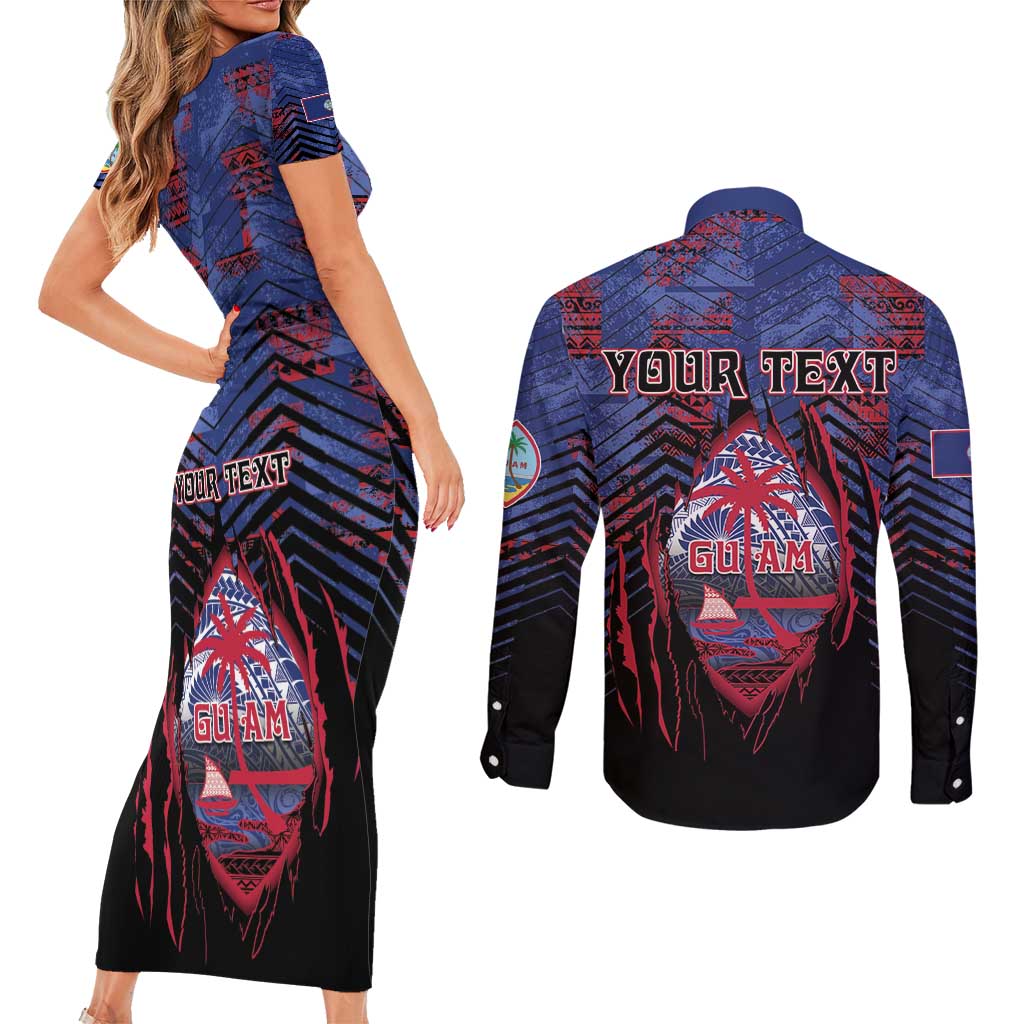 Personalised Guam Couples Matching Short Sleeve Bodycon Dress and Long Sleeve Button Shirt Chamorro Seal Tribal Scratch Design DT05 - Polynesian Pride