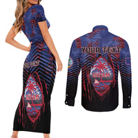 Personalised Guam Couples Matching Short Sleeve Bodycon Dress and Long Sleeve Button Shirt Chamorro Seal Tribal Scratch Design DT05 - Polynesian Pride