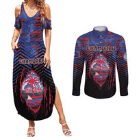 Personalised Guam Couples Matching Summer Maxi Dress and Long Sleeve Button Shirt Chamorro Seal Tribal Scratch Design - Polynesian Pride