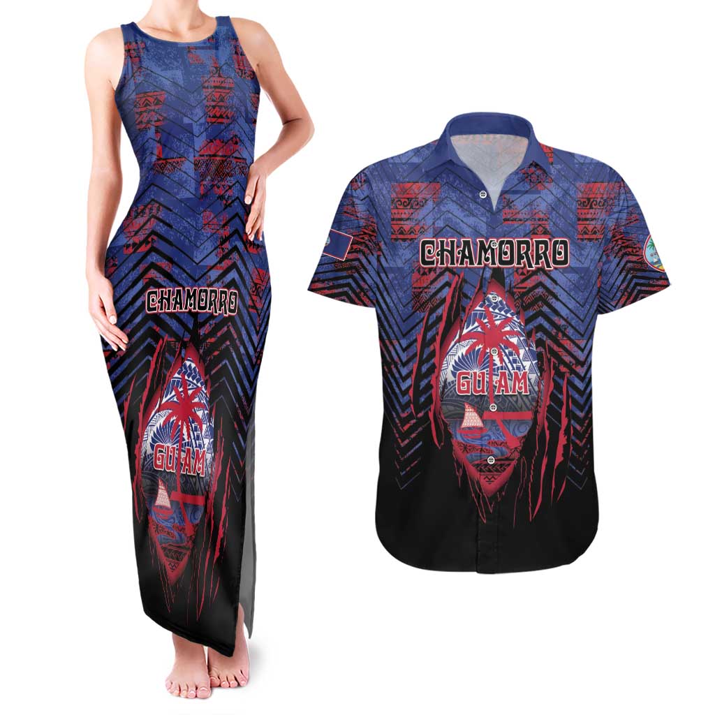 Personalised Guam Couples Matching Tank Maxi Dress and Hawaiian Shirt Chamorro Seal Tribal Scratch Design - Polynesian Pride