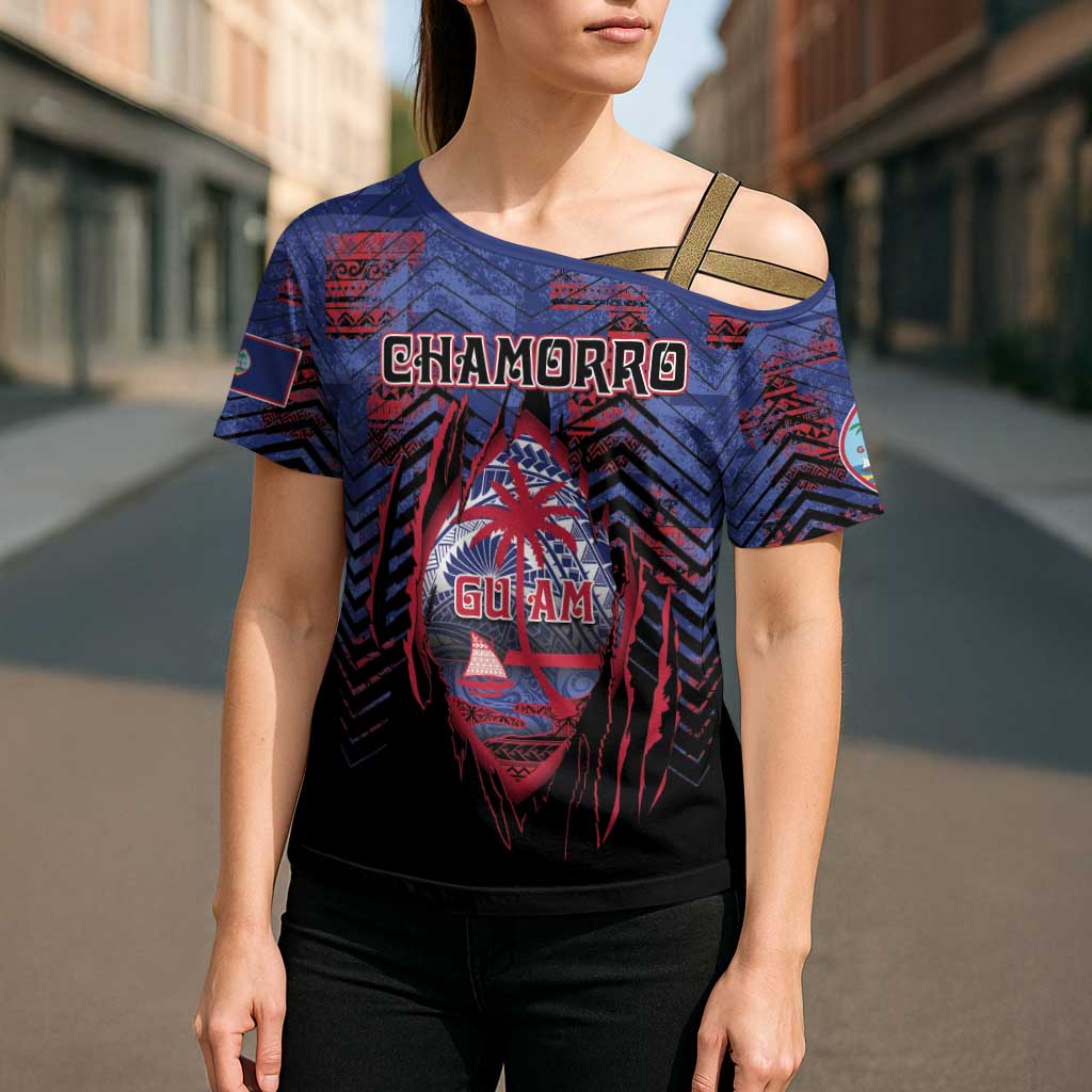 Personalised Guam Cross Shoulder Shirt Chamorro Seal Tribal Scratch Design - Polynesian Pride