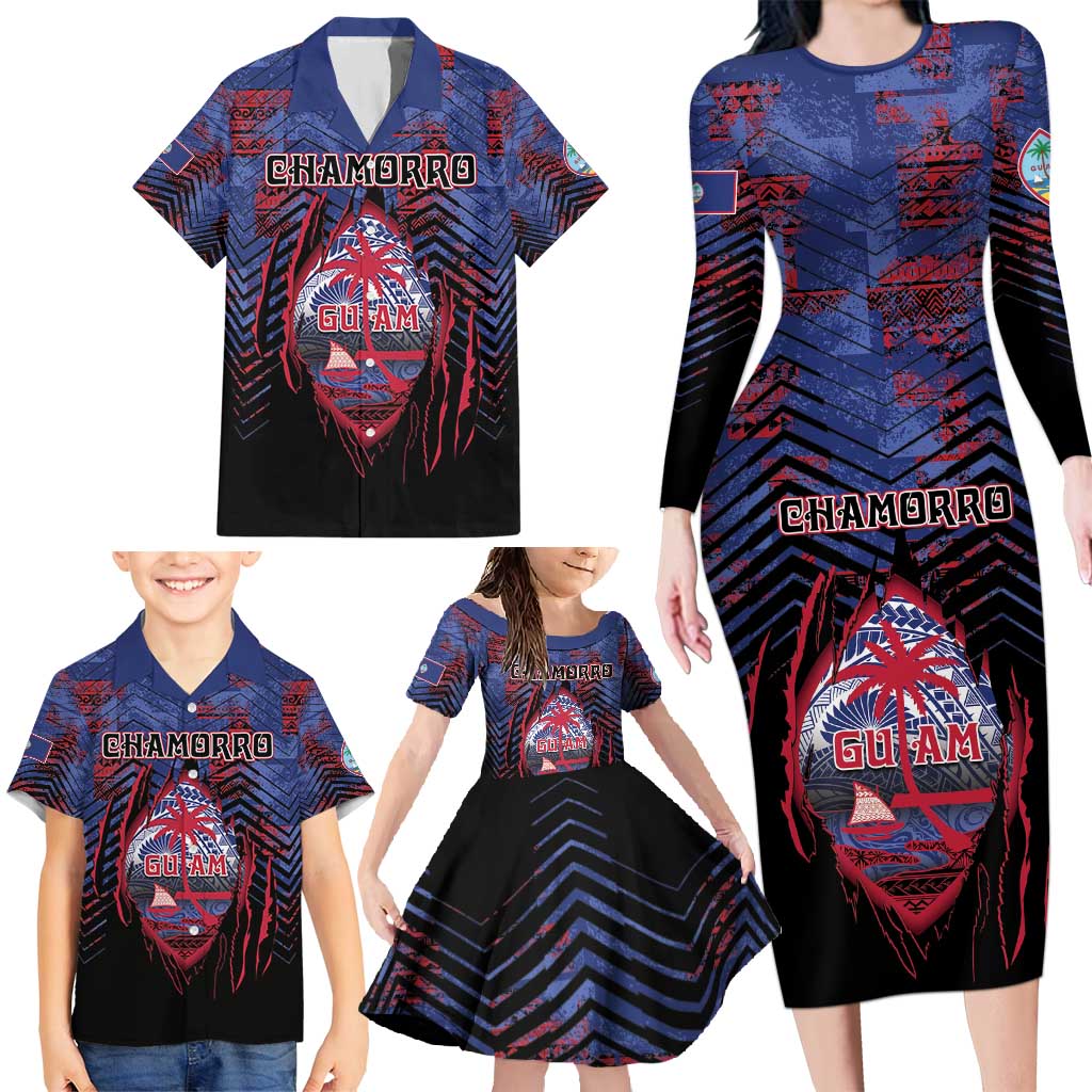 Personalised Guam Family Matching Long Sleeve Bodycon Dress and Hawaiian Shirt Chamorro Seal Tribal Scratch Design - Polynesian Pride