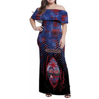 Personalised Guam Family Matching Off Shoulder Maxi Dress and Hawaiian Shirt Chamorro Seal Tribal Scratch Design - Polynesian Pride