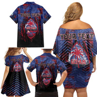 Personalised Guam Family Matching Off Shoulder Short Dress and Hawaiian Shirt Chamorro Seal Tribal Scratch Design - Polynesian Pride