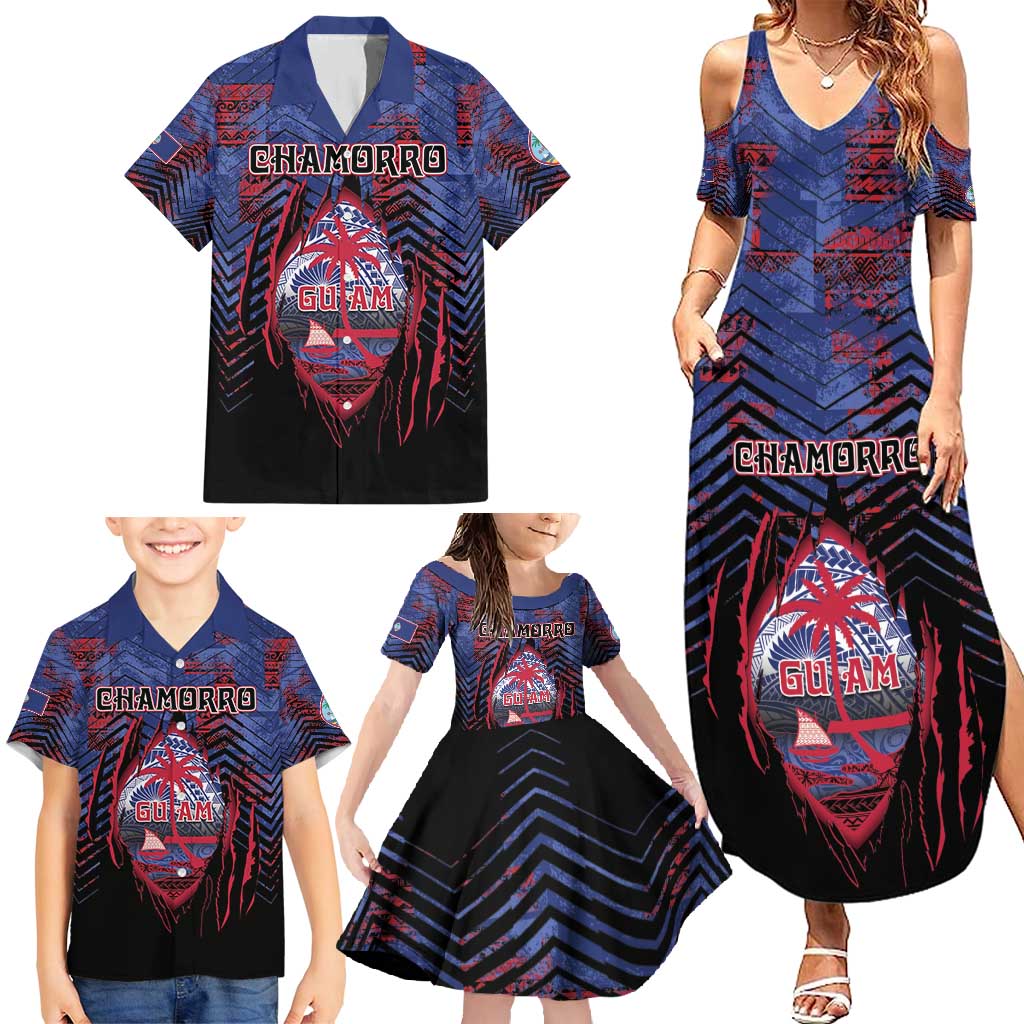 Personalised Guam Family Matching Summer Maxi Dress and Hawaiian Shirt Chamorro Seal Tribal Scratch Design - Polynesian Pride