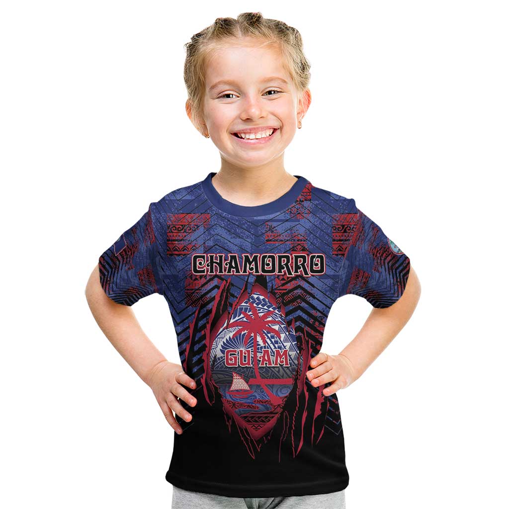 Personalised Guam Kid T Shirt Chamorro Seal Tribal Scratch Design DT05 Navy - Polynesian Pride