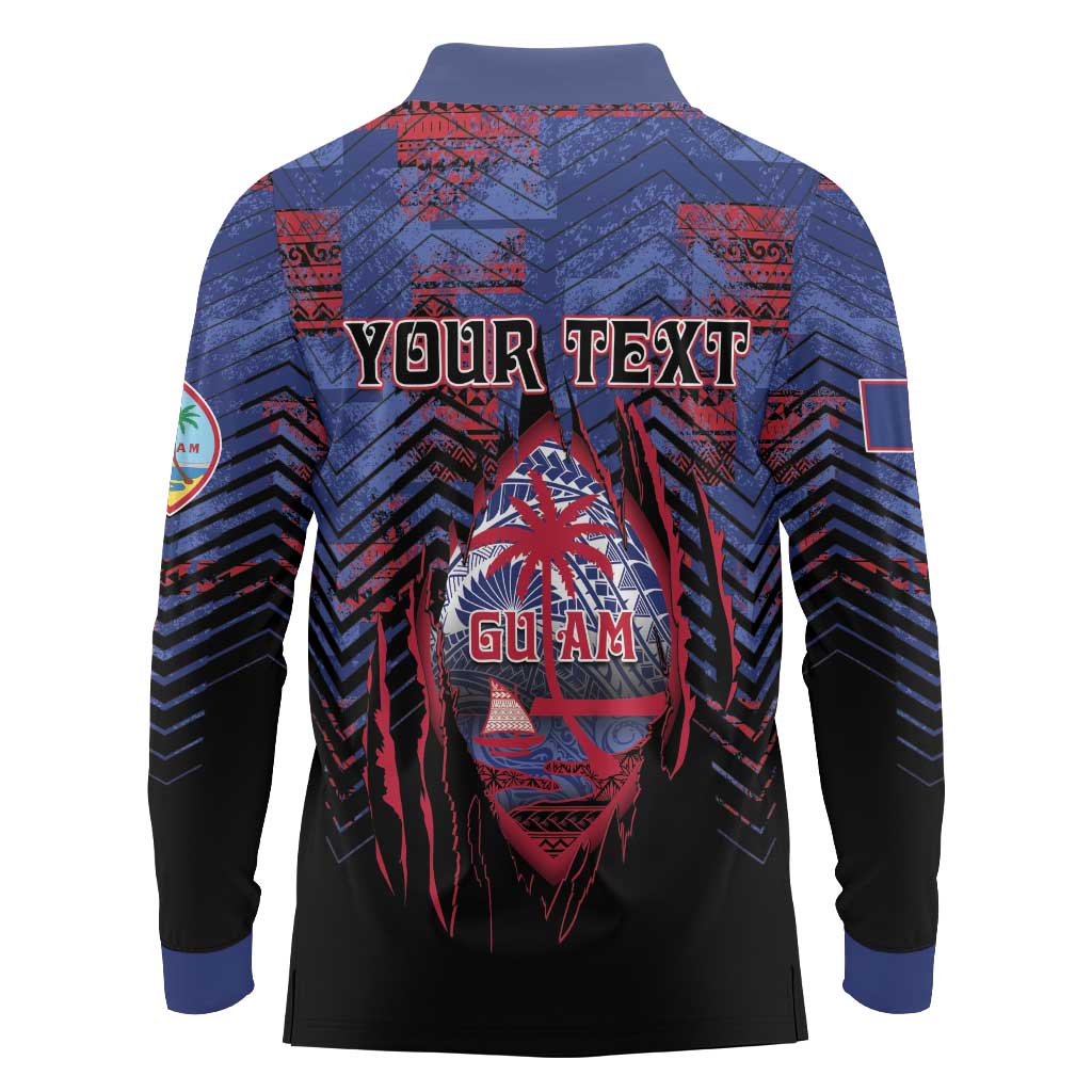 Personalised Guam Long Sleeve Polo Shirt Chamorro Seal Tribal Scratch Design - Polynesian Pride