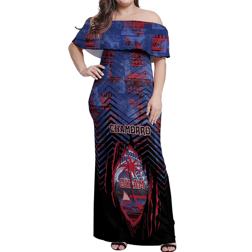 Personalised Guam Off Shoulder Maxi Dress Chamorro Seal Tribal Scratch Design - Polynesian Pride