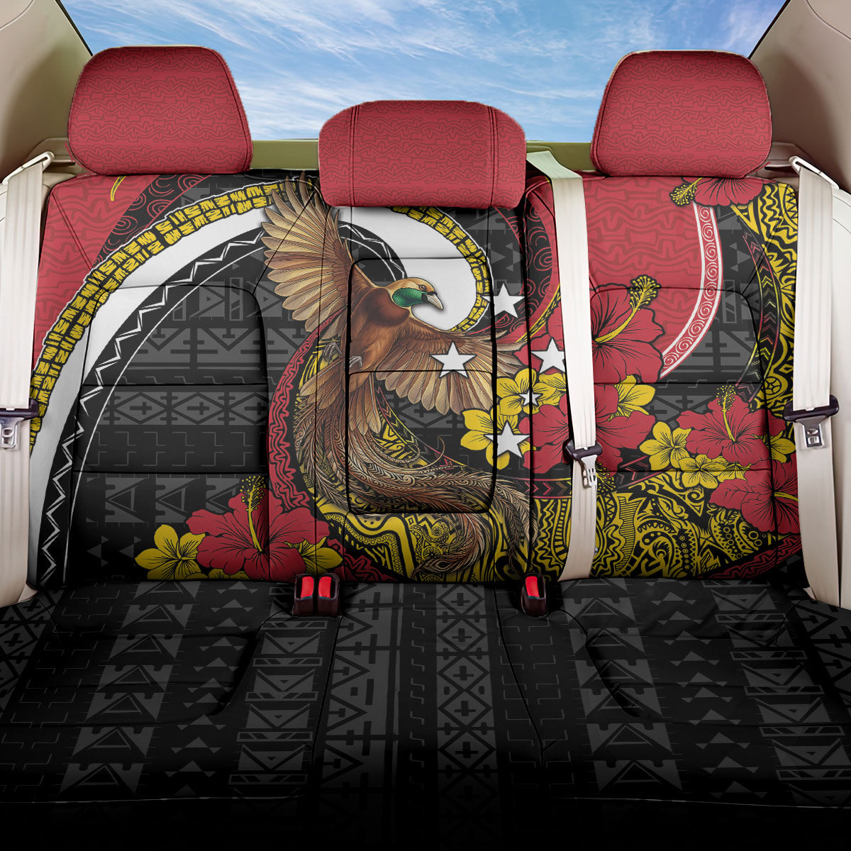 Papua New Guinea Language Week Back Car Seat Cover Bird Of Paradise Tribal Floral Pattern DT05 One Size Black - Polynesian Pride