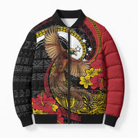 Personalised Papua New Guinea Language Week Bomber Puffer Jacket Bird Of Paradise Tribal Floral Pattern DT05 Unisex Black - Polynesian Pride