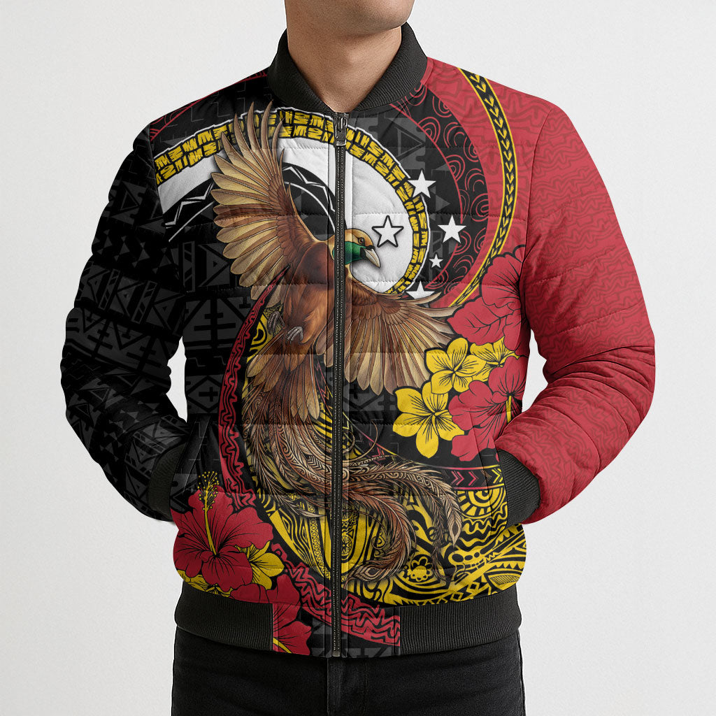 Personalised Papua New Guinea Language Week Bomber Puffer Jacket Bird Of Paradise Tribal Floral Pattern DT05 - Polynesian Pride