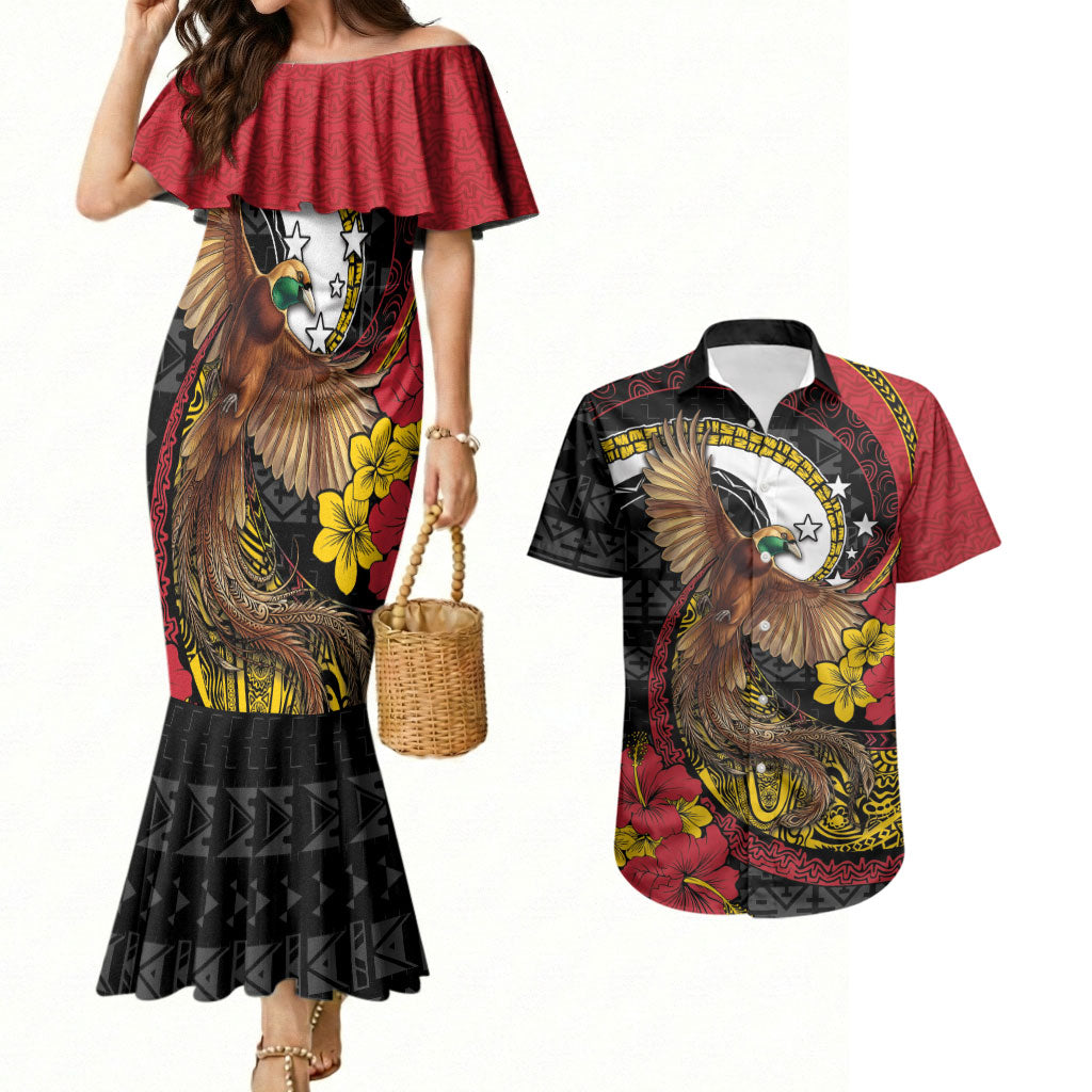 Personalised Papua New Guinea Language Week Couples Matching Mermaid Dress and Hawaiian Shirt Bird Of Paradise Tribal Floral Pattern DT05 Black - Polynesian Pride