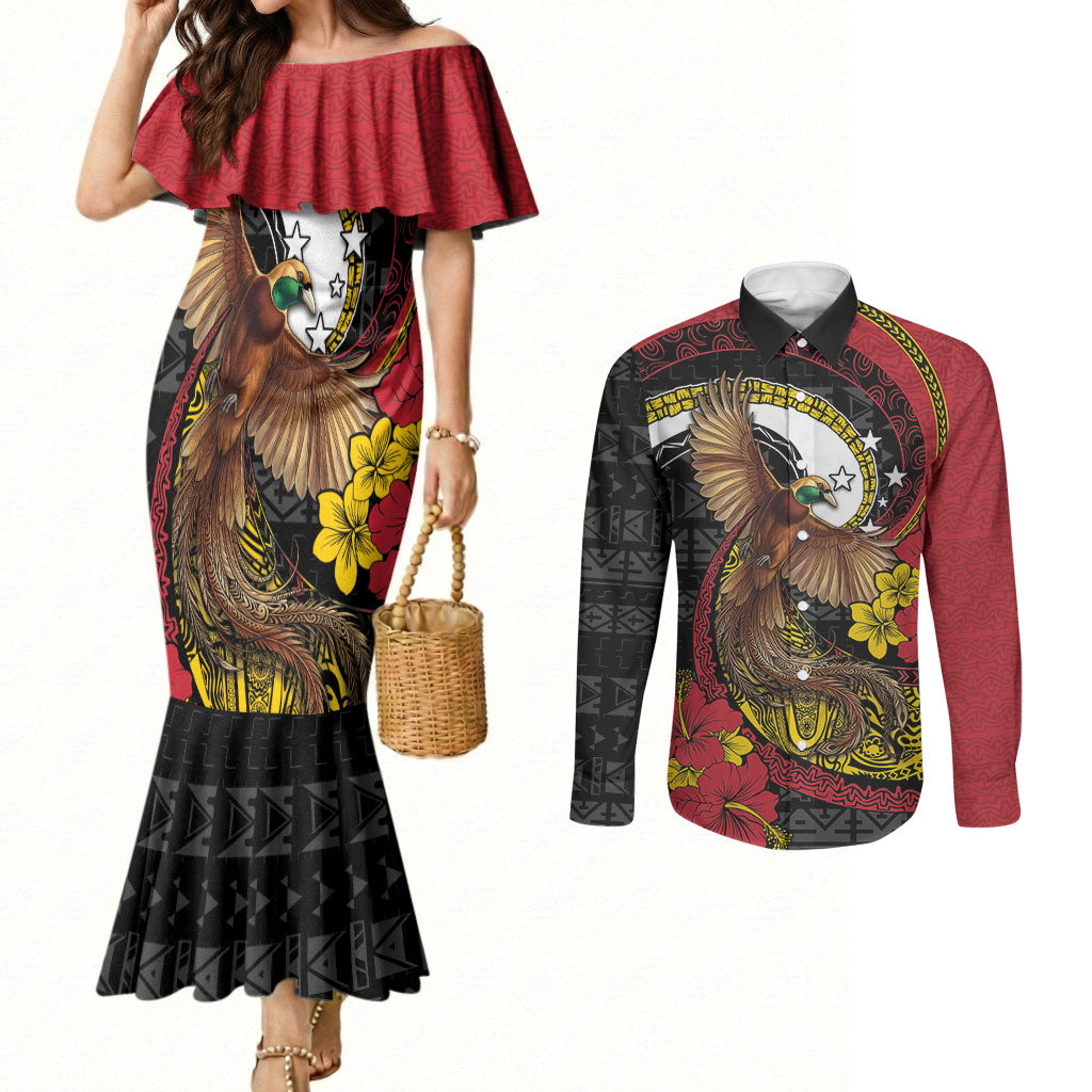 Personalised Papua New Guinea Language Week Couples Matching Mermaid Dress and Long Sleeve Button Shirt Bird Of Paradise Tribal Floral Pattern DT05 Black - Polynesian Pride