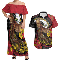Personalised Papua New Guinea Language Week Couples Matching Off Shoulder Maxi Dress and Hawaiian Shirt Bird Of Paradise Tribal Floral Pattern DT05 Black - Polynesian Pride
