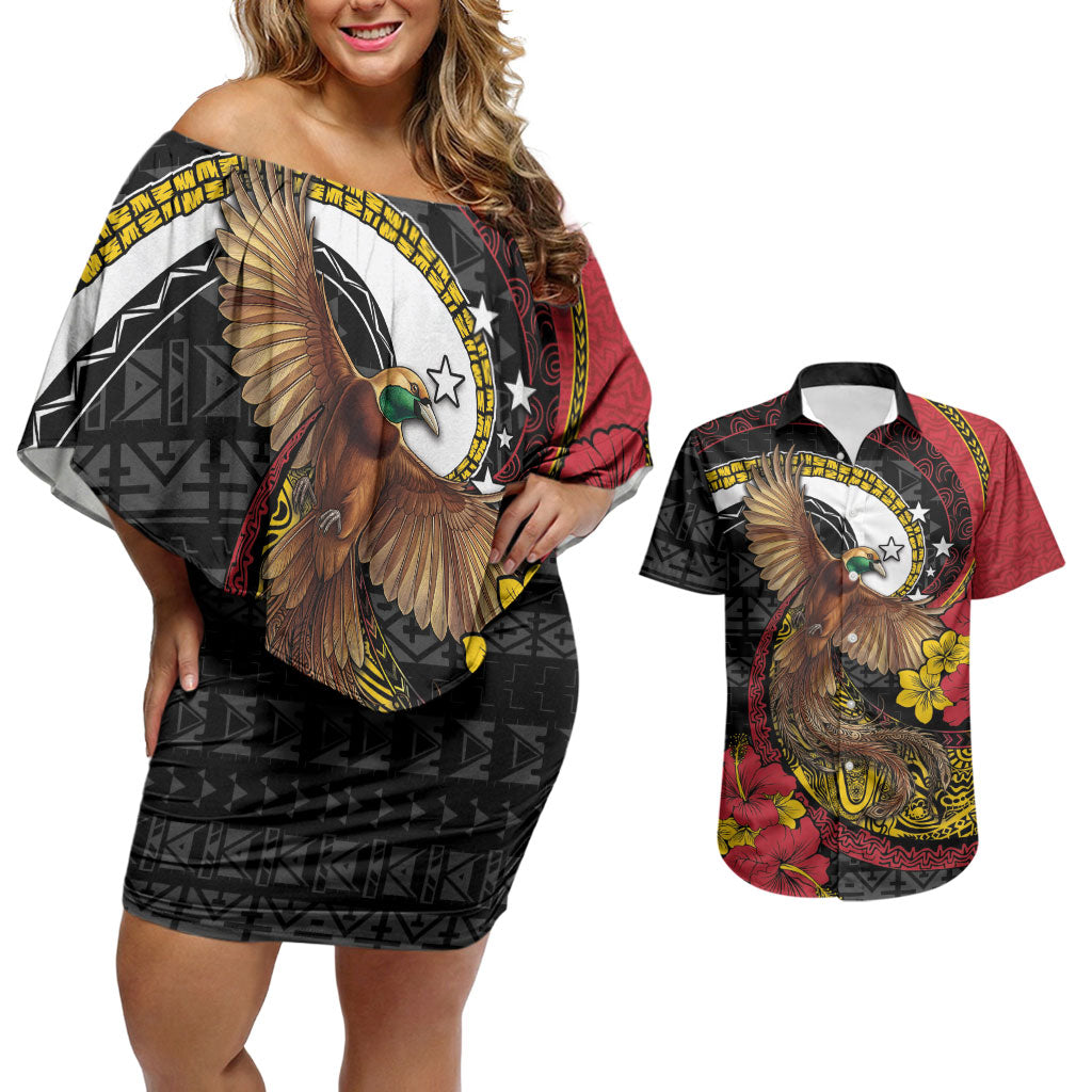 Personalised Papua New Guinea Language Week Couples Matching Off Shoulder Short Dress and Hawaiian Shirt Bird Of Paradise Tribal Floral Pattern DT05 Black - Polynesian Pride