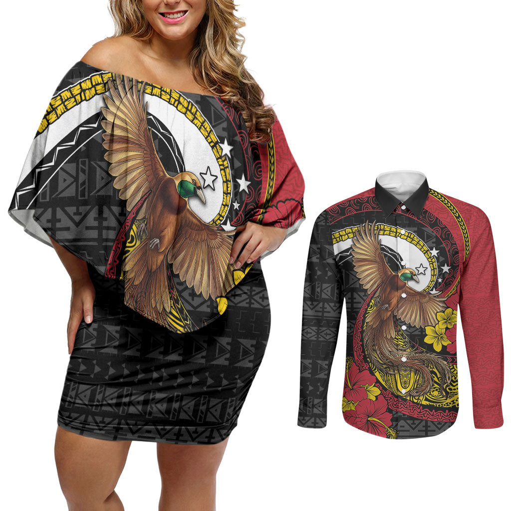 Personalised Papua New Guinea Language Week Couples Matching Off Shoulder Short Dress and Long Sleeve Button Shirt Bird Of Paradise Tribal Floral Pattern DT05 Black - Polynesian Pride
