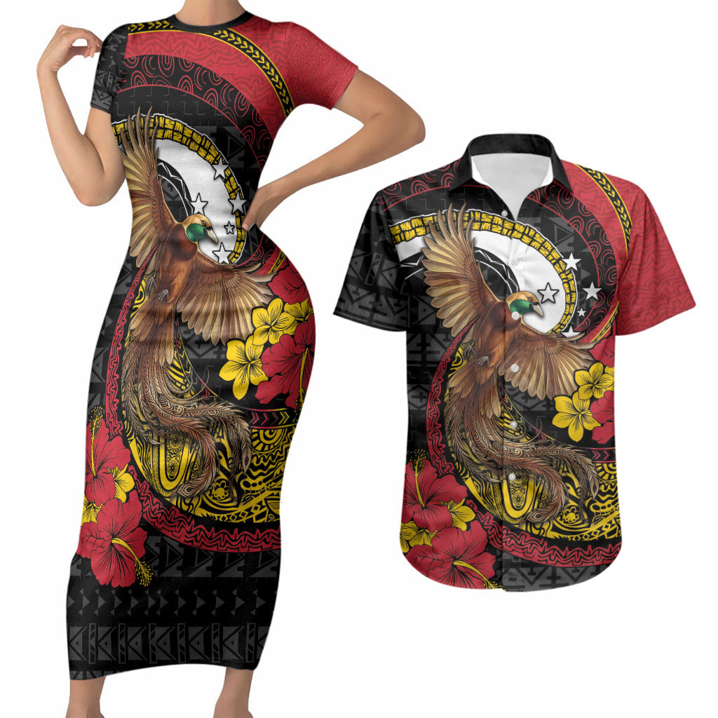 Personalised Papua New Guinea Language Week Couples Matching Short Sleeve Bodycon Dress and Hawaiian Shirt Bird Of Paradise Tribal Floral Pattern DT05 Black - Polynesian Pride