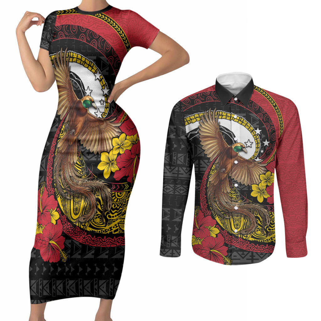 Personalised Papua New Guinea Language Week Couples Matching Short Sleeve Bodycon Dress and Long Sleeve Button Shirt Bird Of Paradise Tribal Floral Pattern DT05 Black - Polynesian Pride