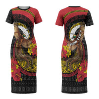 Personalised Papua New Guinea Language Week Couples Matching Short Sleeve Bodycon Dress and Long Sleeve Button Shirt Bird Of Paradise Tribal Floral Pattern DT05 - Polynesian Pride