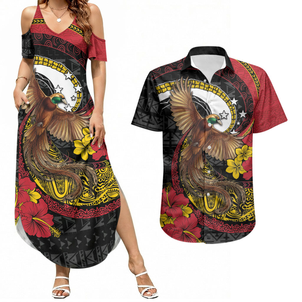 Personalised Papua New Guinea Language Week Couples Matching Summer Maxi Dress and Hawaiian Shirt Bird Of Paradise Tribal Floral Pattern DT05 Black - Polynesian Pride