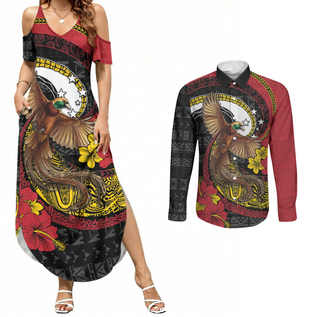 Personalised Papua New Guinea Language Week Couples Matching Summer Maxi Dress and Long Sleeve Button Shirt Bird Of Paradise Tribal Floral Pattern DT05 Black - Polynesian Pride