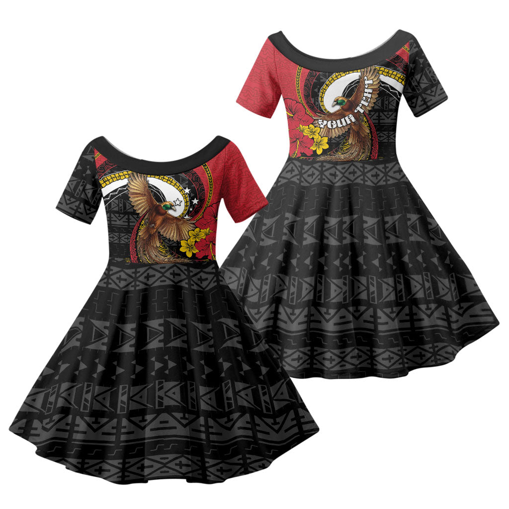 Personalised Papua New Guinea Language Week Family Matching Long Sleeve Bodycon Dress and Hawaiian Shirt Bird Of Paradise Tribal Floral Pattern DT05 Daughter's Dress Black - Polynesian Pride