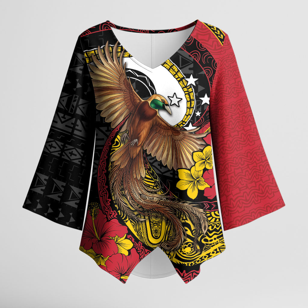 Personalised Papua New Guinea Language Week Kimono Sleeve Blouse Bird Of Paradise Tribal Floral Pattern DT05 Female Black - Polynesian Pride