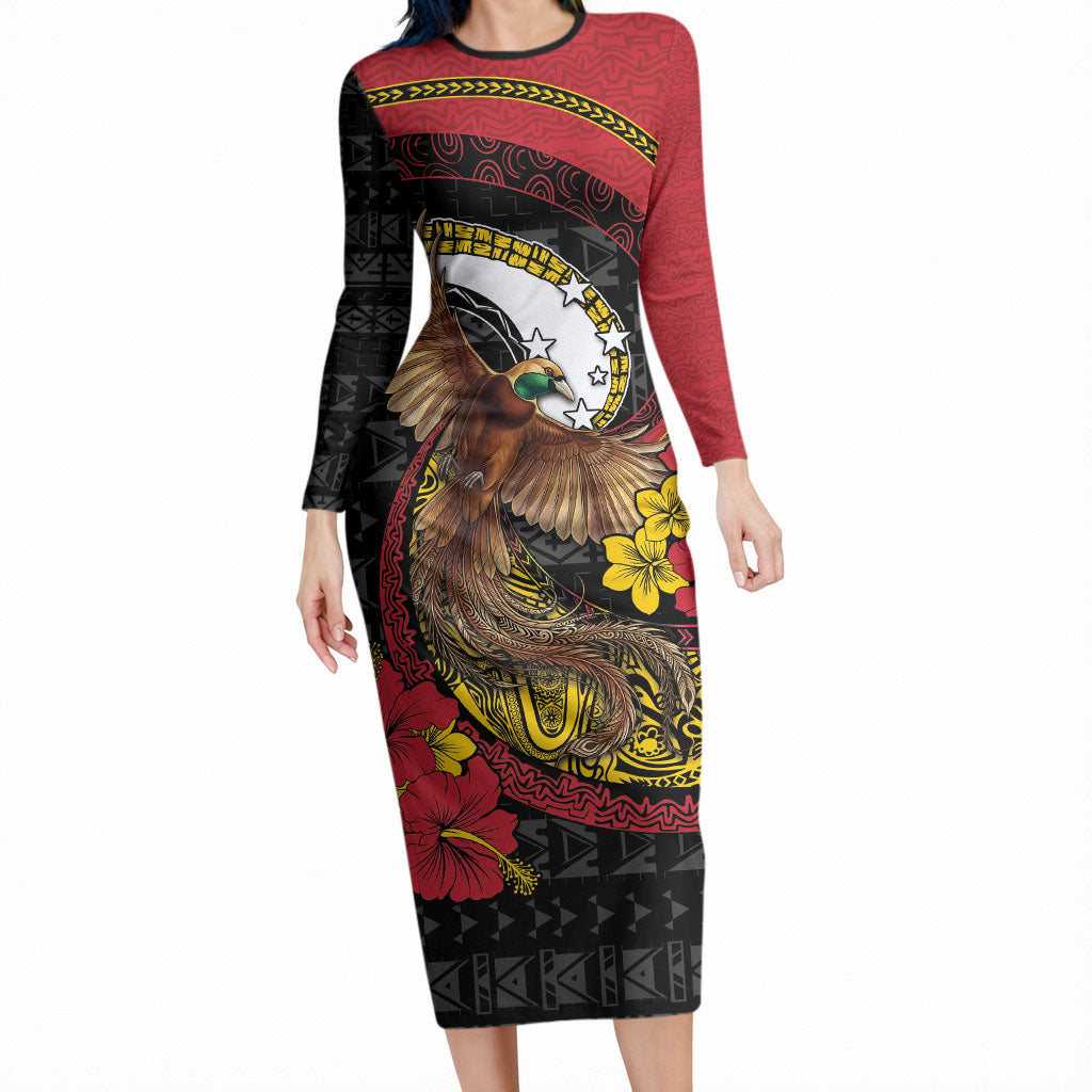 Personalised Papua New Guinea Language Week Long Sleeve Bodycon Dress Bird Of Paradise Tribal Floral Pattern