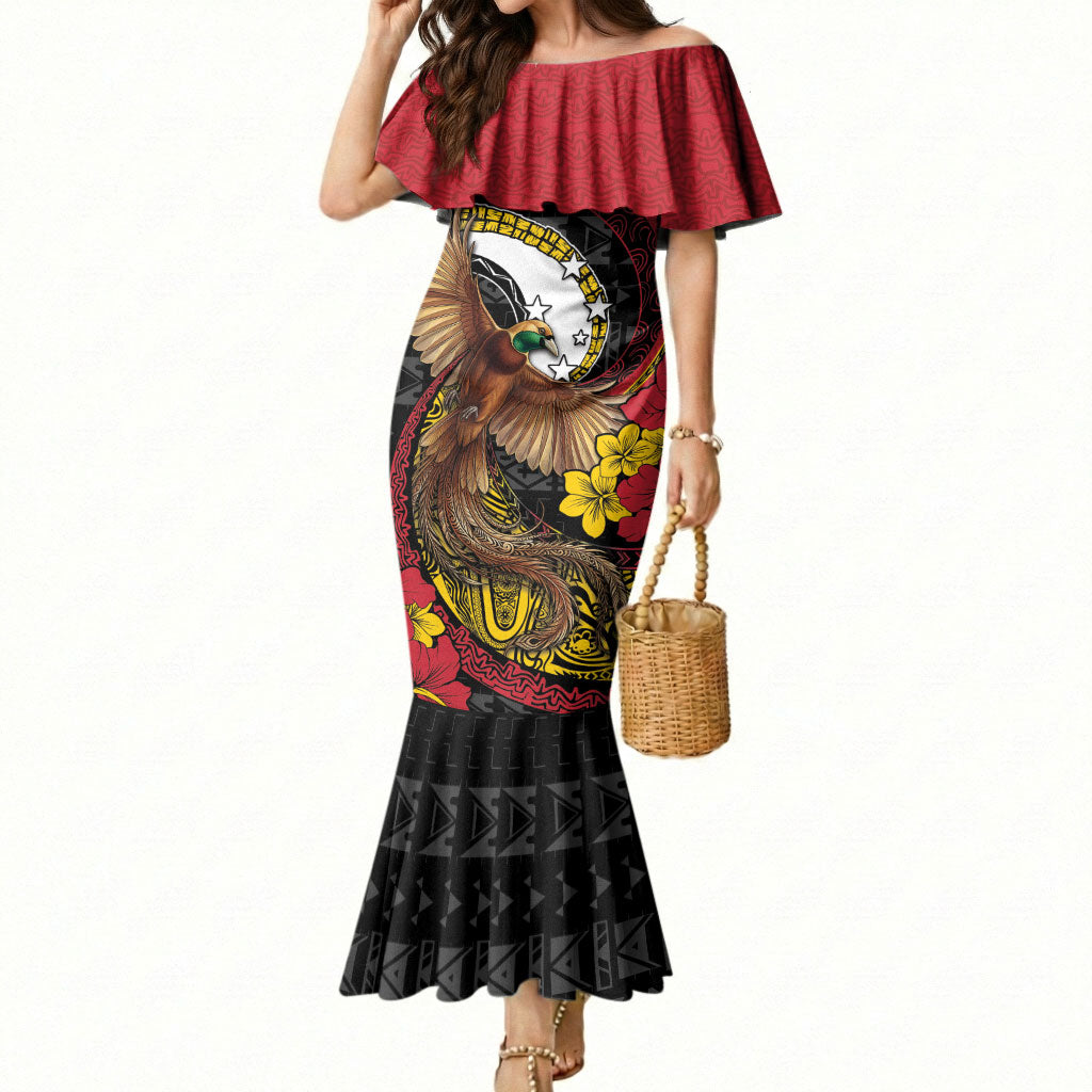 Personalised Papua New Guinea Language Week Mermaid Dress Bird Of Paradise Tribal Floral Pattern DT05 Women Black - Polynesian Pride