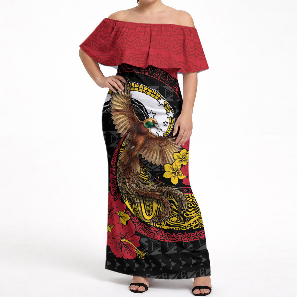 Personalised Papua New Guinea Language Week Off Shoulder Maxi Dress Bird Of Paradise Tribal Floral Pattern DT05 Women Black - Polynesian Pride