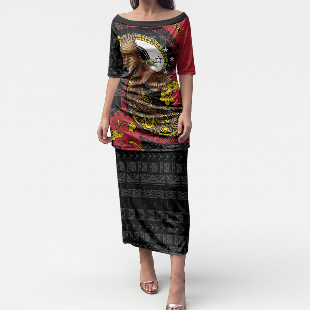 Personalised Papua New Guinea Language Week Puletasi Bird Of Paradise Tribal Floral Pattern DT05 Long Dress Black - Polynesian Pride