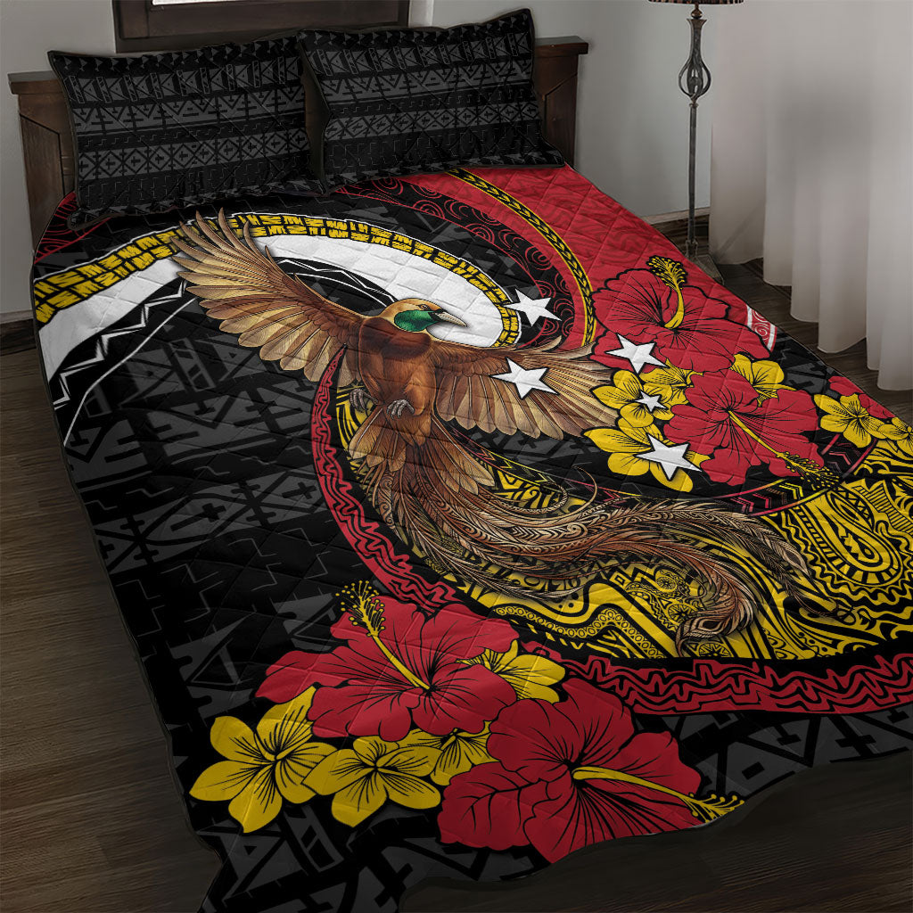 Papua New Guinea Language Week Quilt Bed Set Bird Of Paradise Tribal Floral Pattern DT05 Black - Polynesian Pride