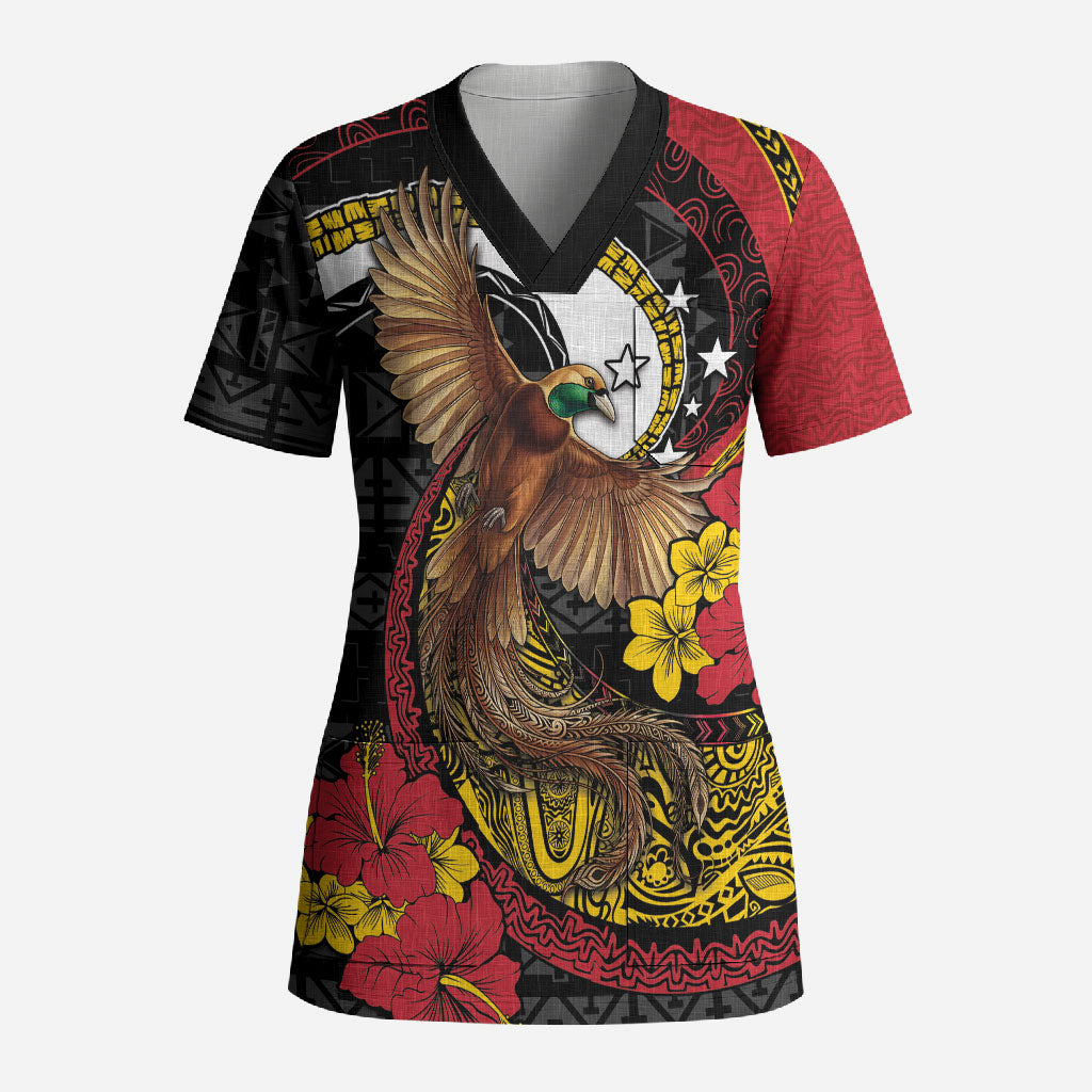 Personalised Papua New Guinea Language Week Scrub Top Bird Of Paradise Tribal Floral Pattern DT05 Adult Black - Polynesian Pride
