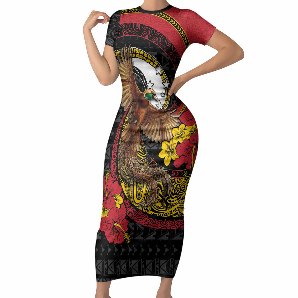Personalised Papua New Guinea Language Week Short Sleeve Bodycon Dress Bird Of Paradise Tribal Floral Pattern DT05 Long Dress Black - Polynesian Pride