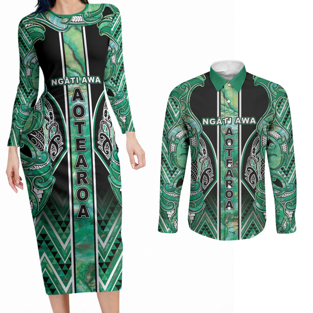 Aotearoa Ngati Awa Couples Matching Long Sleeve Bodycon Dress and Long Sleeve Button Shirt Maori Tribal Green Marble Paua Shell Pattern DT05 Green - Polynesian Pride