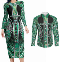 Aotearoa Ngati Awa Couples Matching Long Sleeve Bodycon Dress and Long Sleeve Button Shirt Maori Tribal Green Marble Paua Shell Pattern DT05 Green - Polynesian Pride