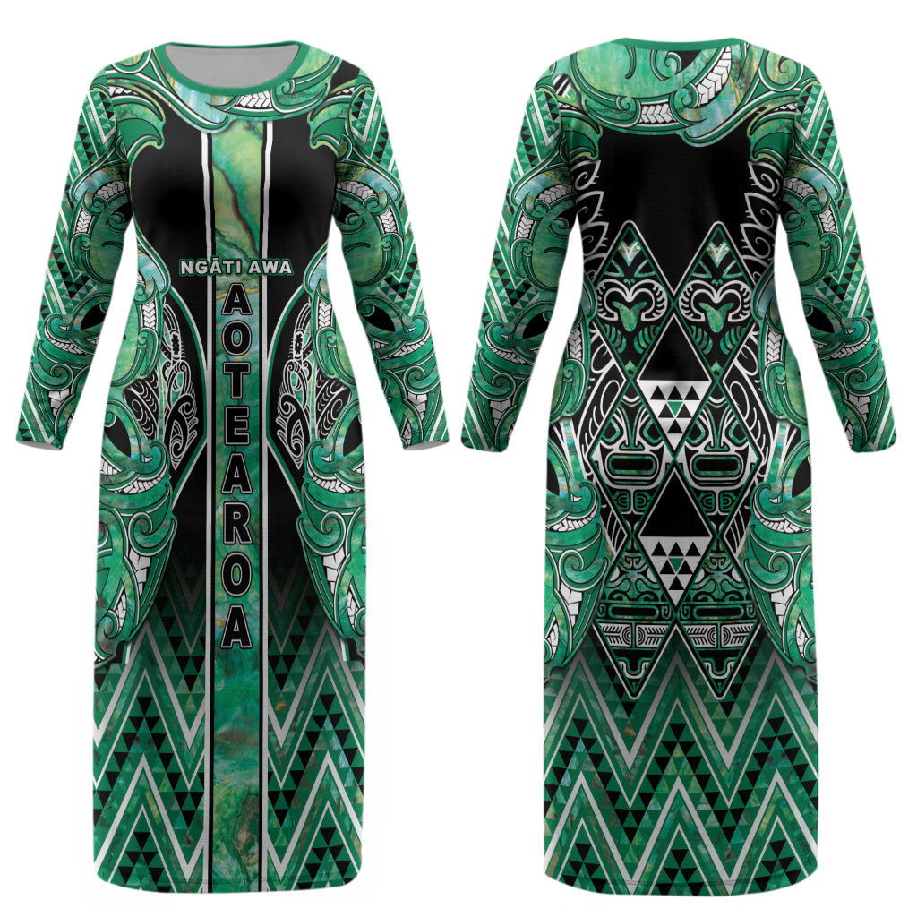 Aotearoa Ngati Awa Couples Matching Long Sleeve Bodycon Dress and Long Sleeve Button Shirt Maori Tribal Green Marble Paua Shell Pattern DT05 - Polynesian Pride