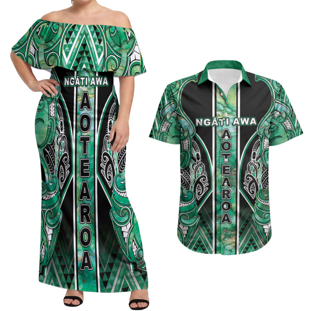 Aotearoa Ngati Awa Couples Matching Off Shoulder Maxi Dress and Hawaiian Shirt Maori Tribal Green Marble Paua Shell Pattern DT05 Green - Polynesian Pride