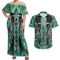 Aotearoa Ngati Awa Couples Matching Off Shoulder Maxi Dress and Hawaiian Shirt Maori Tribal Green Marble Paua Shell Pattern DT05 Green - Polynesian Pride
