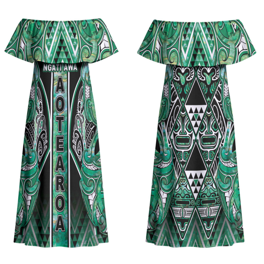 Aotearoa Ngati Awa Couples Matching Off Shoulder Maxi Dress and Hawaiian Shirt Maori Tribal Green Marble Paua Shell Pattern DT05 - Polynesian Pride