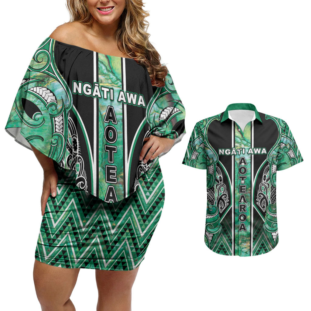 Aotearoa Ngati Awa Couples Matching Off Shoulder Short Dress and Hawaiian Shirt Maori Tribal Green Marble Paua Shell Pattern DT05 Green - Polynesian Pride
