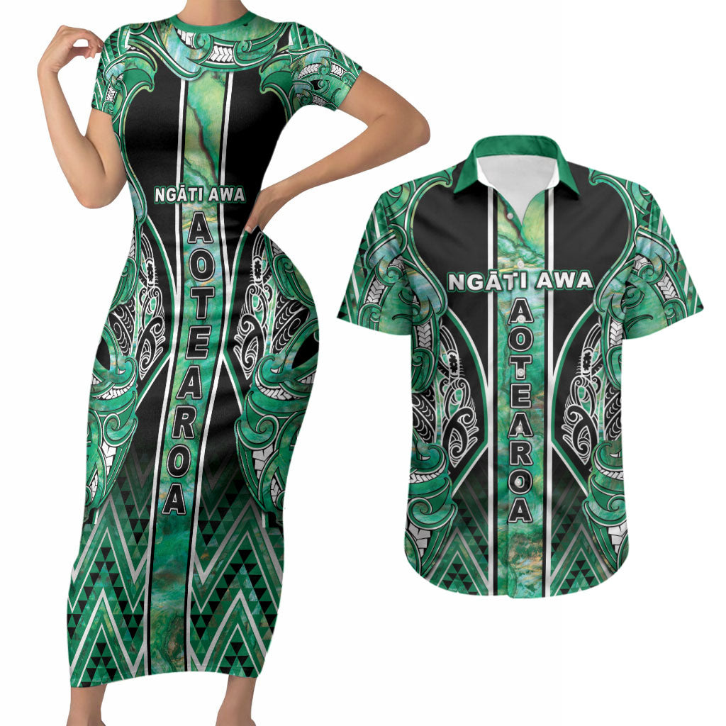 Aotearoa Ngati Awa Couples Matching Short Sleeve Bodycon Dress and Hawaiian Shirt Maori Tribal Green Marble Paua Shell Pattern DT05 Green - Polynesian Pride