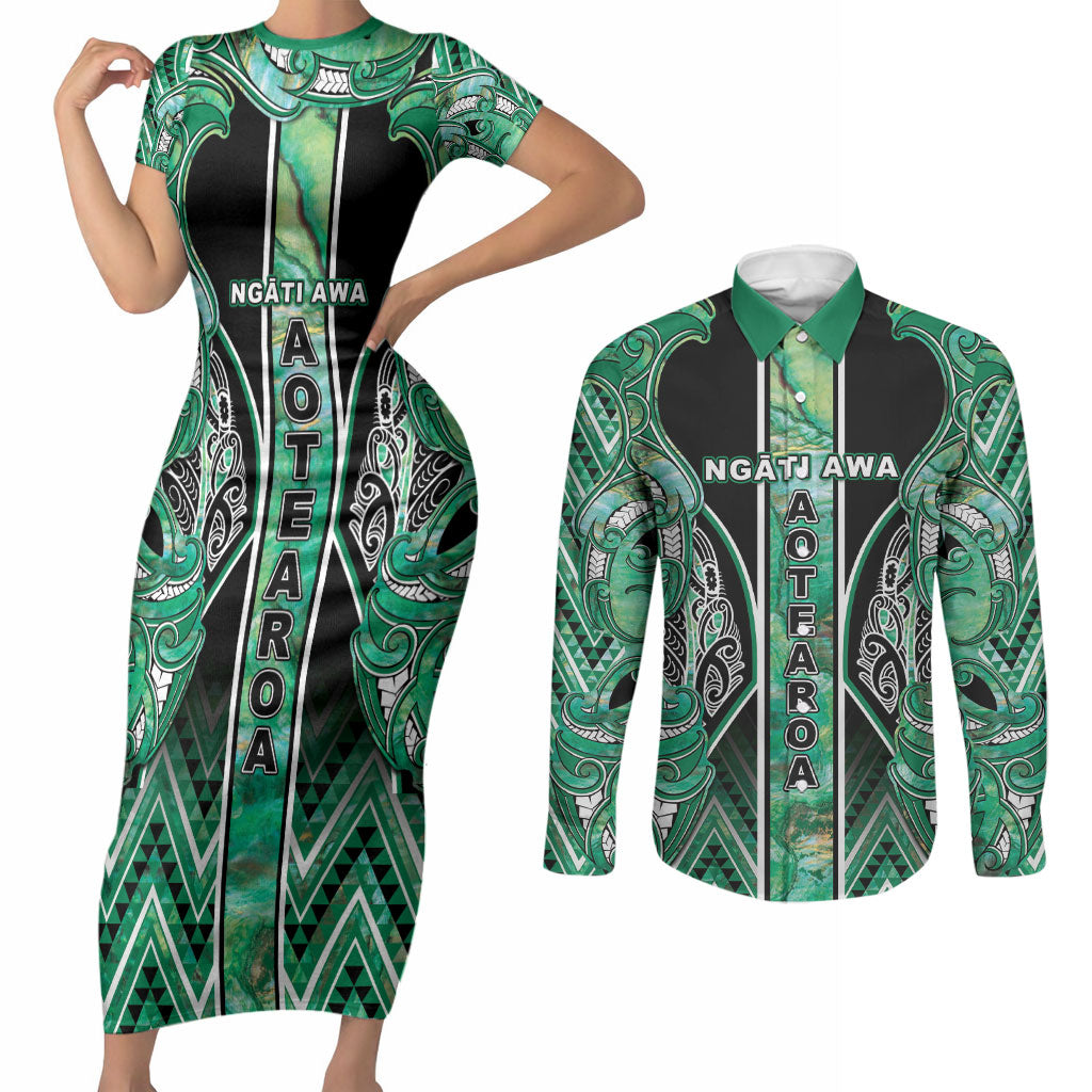 Aotearoa Ngati Awa Couples Matching Short Sleeve Bodycon Dress and Long Sleeve Button Shirt Maori Tribal Green Marble Paua Shell Pattern DT05 Green - Polynesian Pride