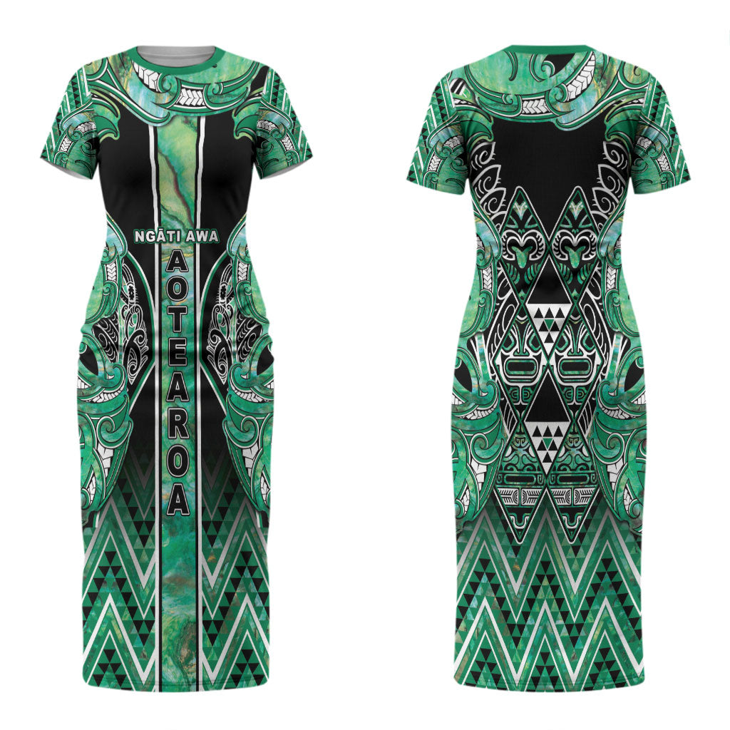 Aotearoa Ngati Awa Couples Matching Short Sleeve Bodycon Dress and Long Sleeve Button Shirt Maori Tribal Green Marble Paua Shell Pattern DT05 - Polynesian Pride