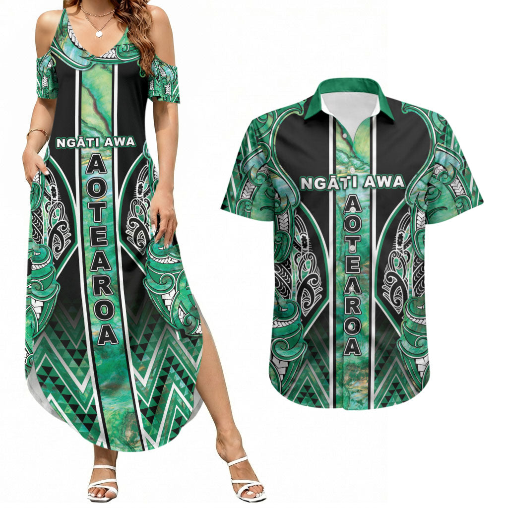 Aotearoa Ngati Awa Couples Matching Summer Maxi Dress and Hawaiian Shirt Maori Tribal Green Marble Paua Shell Pattern DT05 Green - Polynesian Pride