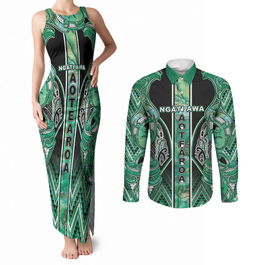Aotearoa Ngati Awa Couples Matching Tank Maxi Dress and Long Sleeve Button Shirt Maori Tribal Green Marble Paua Shell Pattern DT05 Green - Polynesian Pride