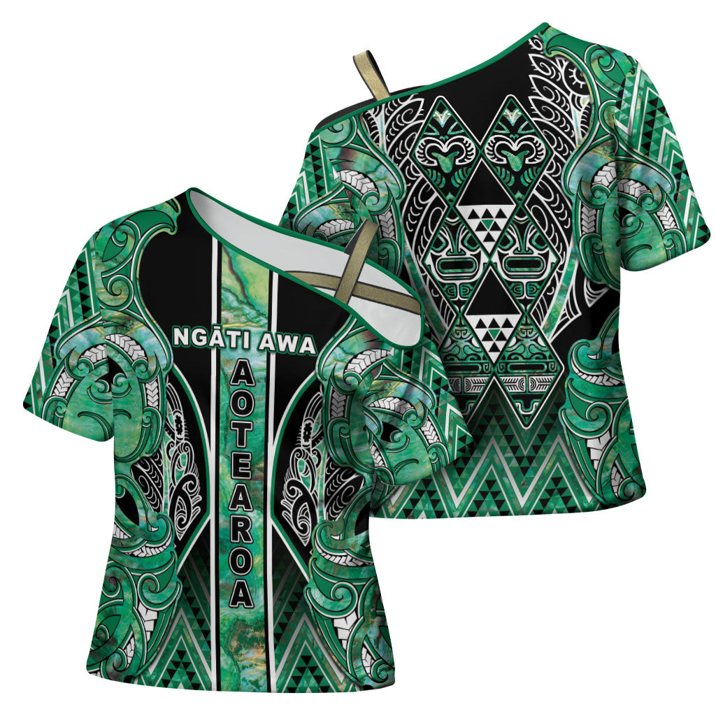 Aotearoa Ngati Awa Cross Shoulder Shirt Maori Tribal Green Marble Paua Shell Pattern DT05 - Polynesian Pride